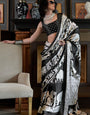 Jet Black and White Ajrakh Patola Printed Satin Crepe Saree