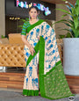 Off-White and Green Printed Cotton Saree