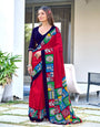 Red Cotton Saree with Colorful Folk Art Border