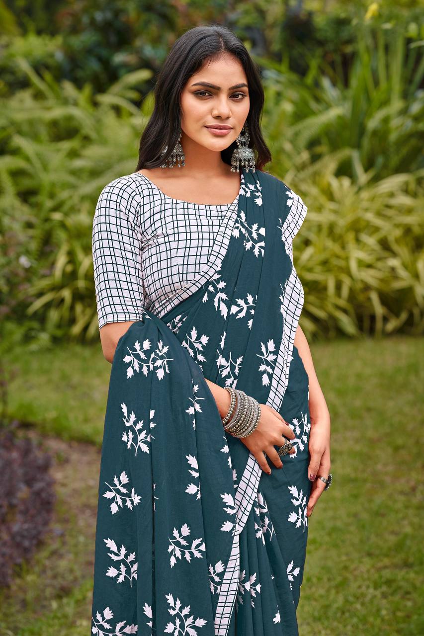Teal Blue Serenity Floral Saree