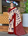 Off-White and Maroon Printed Cotton Saree