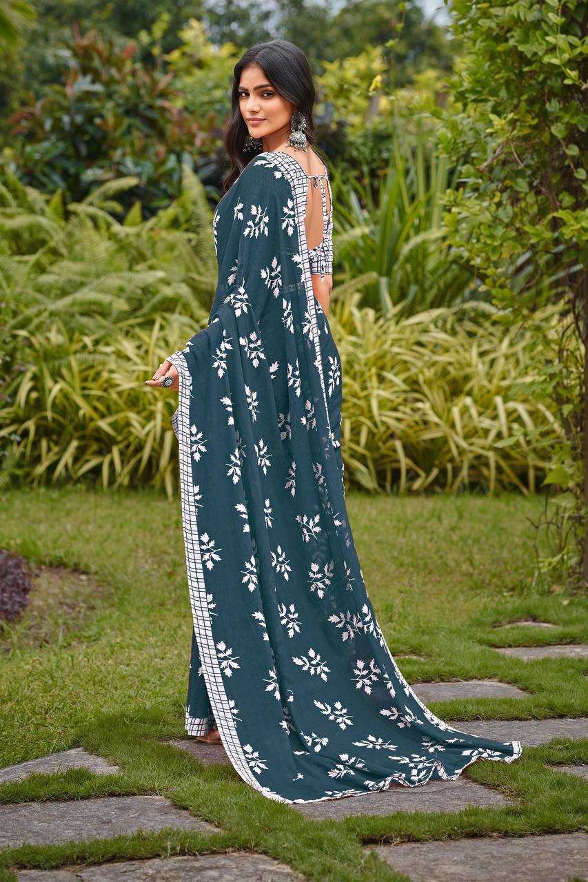 Teal Blue Serenity Floral Saree