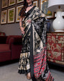 Black and Cream Ajrakh Patola Printed Satin Crepe Saree