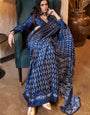 Egyptian Blue Ajrakh Patola Printed Satin Crepe Saree