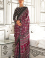 Deep Maroon Ajrakh Printed Satin Crepe Saree
