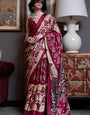 Aesthetic Maroon Ajrakh Patola Printed Satin Crepe Saree