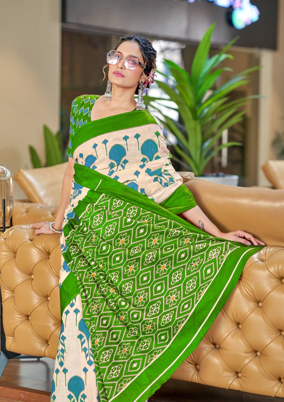 Off-White and Green Printed Cotton Saree