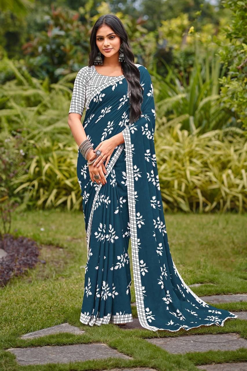 Teal Blue Serenity Floral Saree