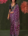 Purple Ajrakh Printed Satin Crepe Silk Saree