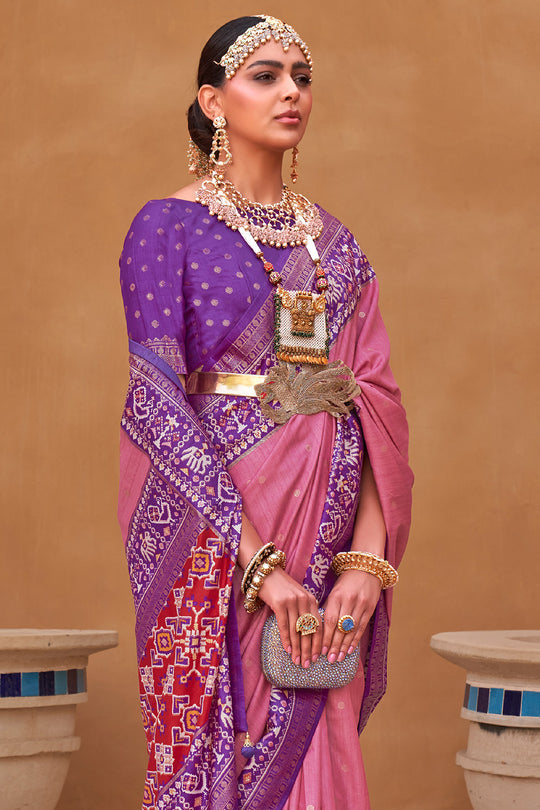 Lilac Pink Handwoven Patola Silk Saree