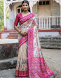 Pink Patola Silk Saree with Beige Base