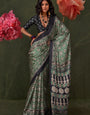 Green Ajrakh Printed Satin Crepe Silk Saree