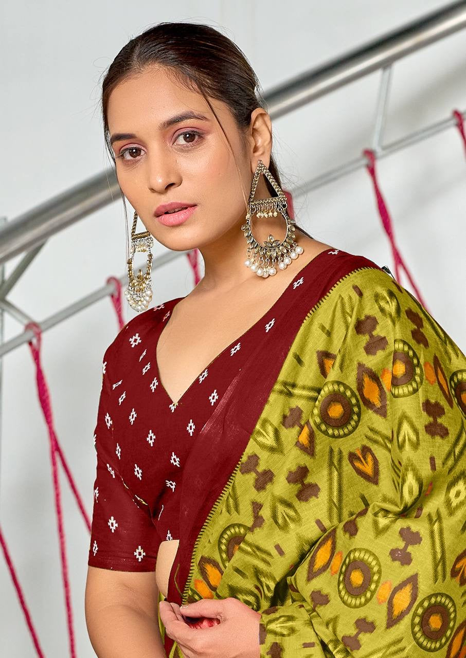 Olive Green and Maroon Patola Saree