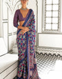 Comet Purple Ajrakh Printed Satin Crepe Saree