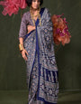 Blue Ajrakh Printed Satin Crepe Silk Saree