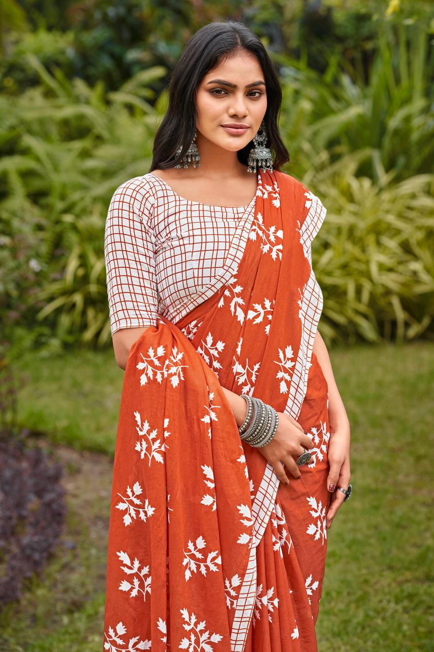 Sunset Orange Glow Floral Saree
