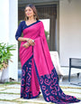 Pink and Navy Blue Cotton Saree with Artistic Geometric Prints