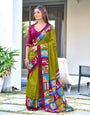 Olive Green Cotton Saree with Vibrant Folk-Inspired Border