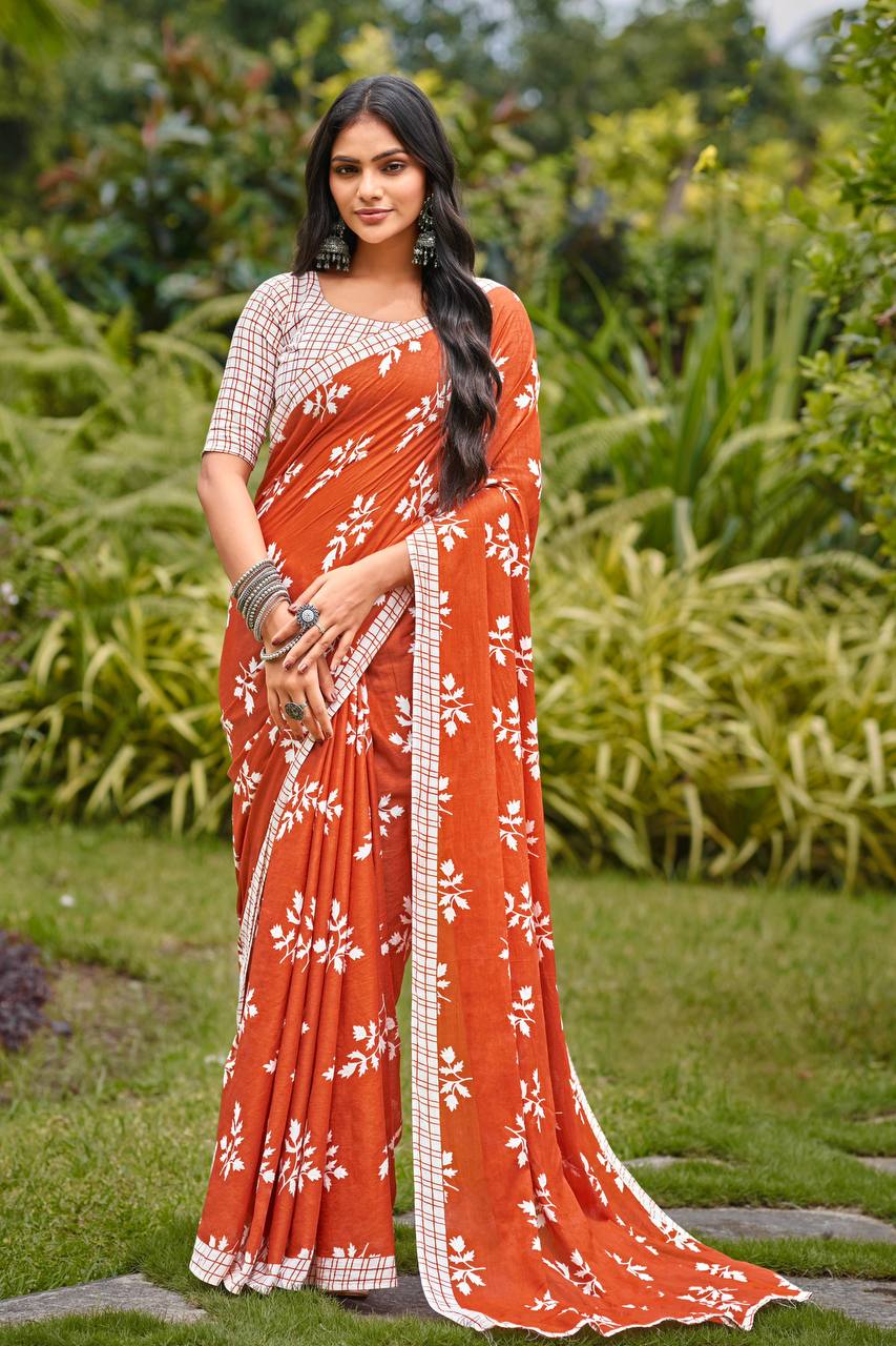 Sunset Orange Glow Floral Saree