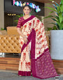 Off-White and Wine Printed Cotton Saree