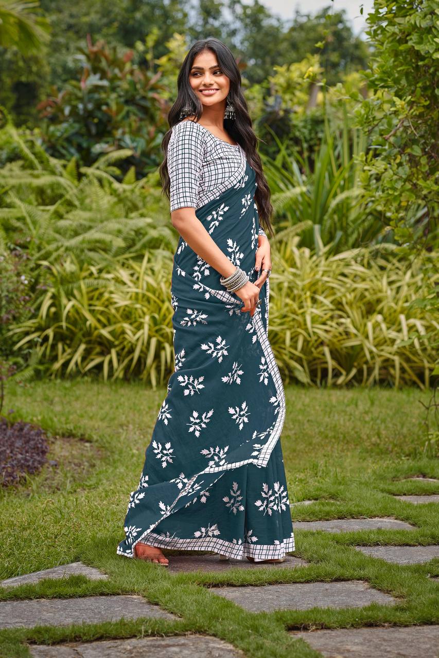 Teal Blue Serenity Floral Saree