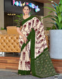 Off-White and Dark Green Printed Cotton Saree