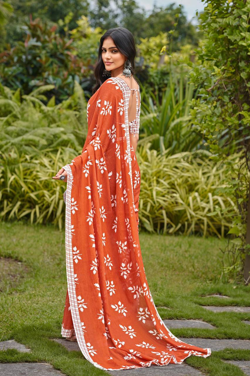 Sunset Orange Glow Floral Saree