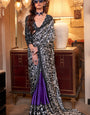 Jet Black and Blue Ajrakh Patola Printed Satin Crepe Saree