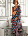 Black and Blue Ajrakh Printed Satin Crepe Saree