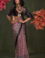 Maroon and Black Ajrakh Printed Satin Crepe Silk Saree