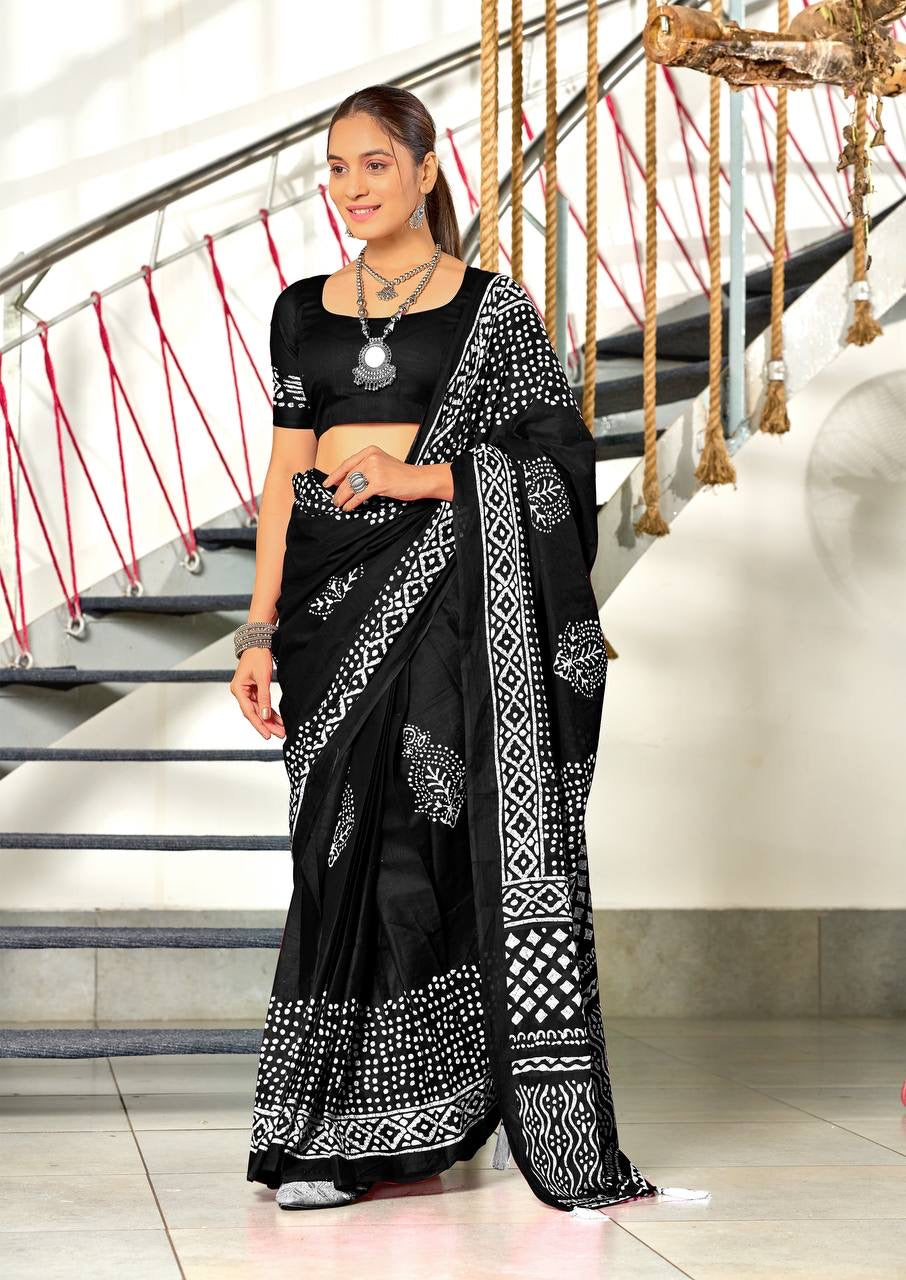 Black Bandhani Cotton Saree