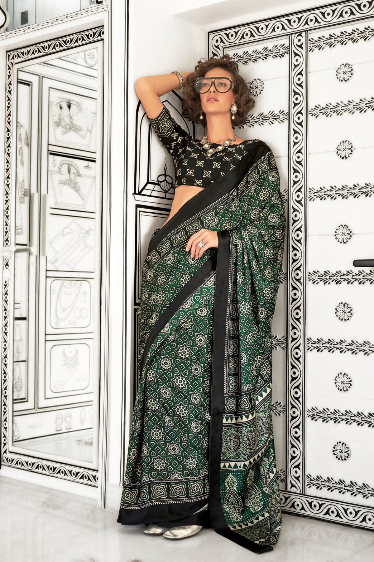 Green Ajrakh Printed Satin Crepe Saree