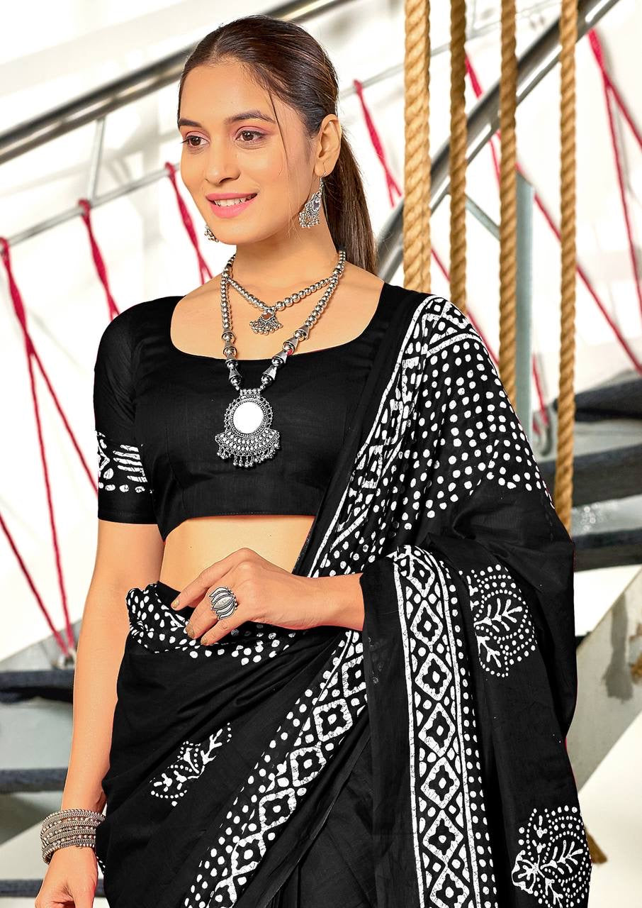 Black Bandhani Cotton Saree