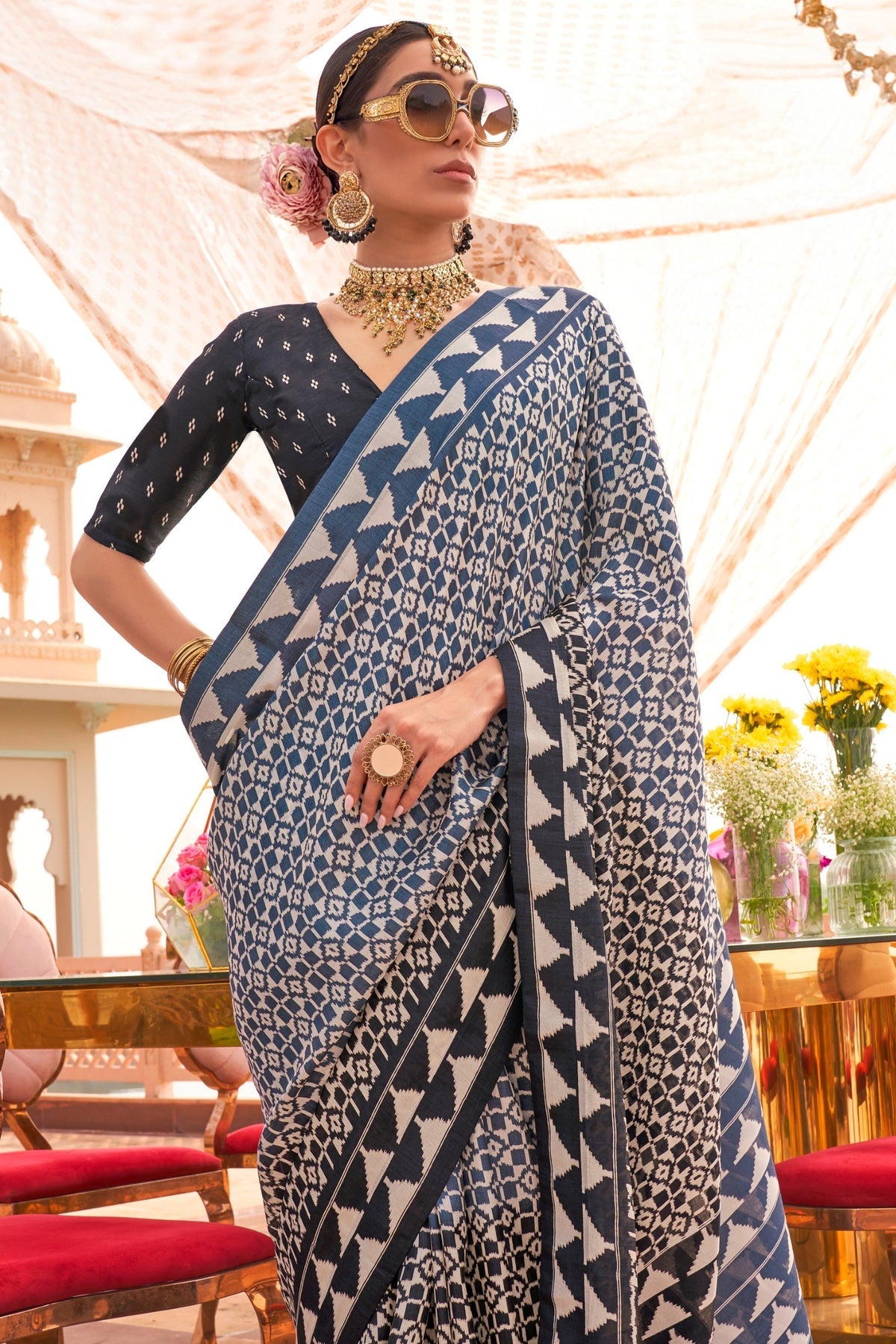 Dusty Blue Silk Ikkat Patola Saree