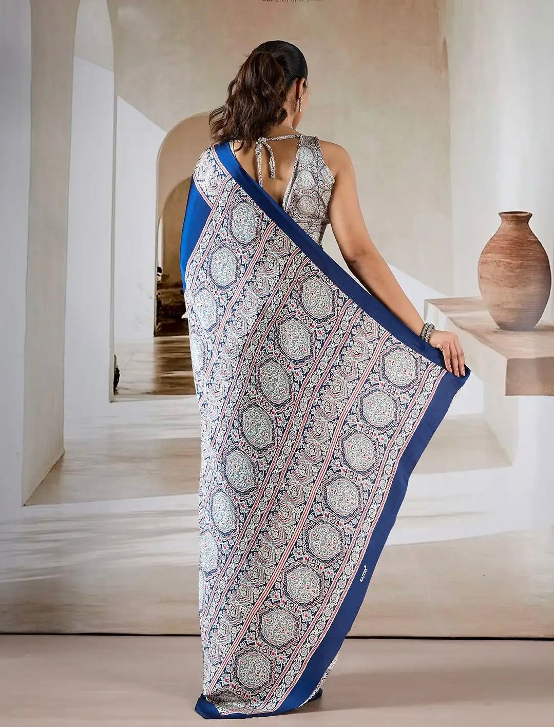 Indigo Blue Ajrakh Gala Border Saree