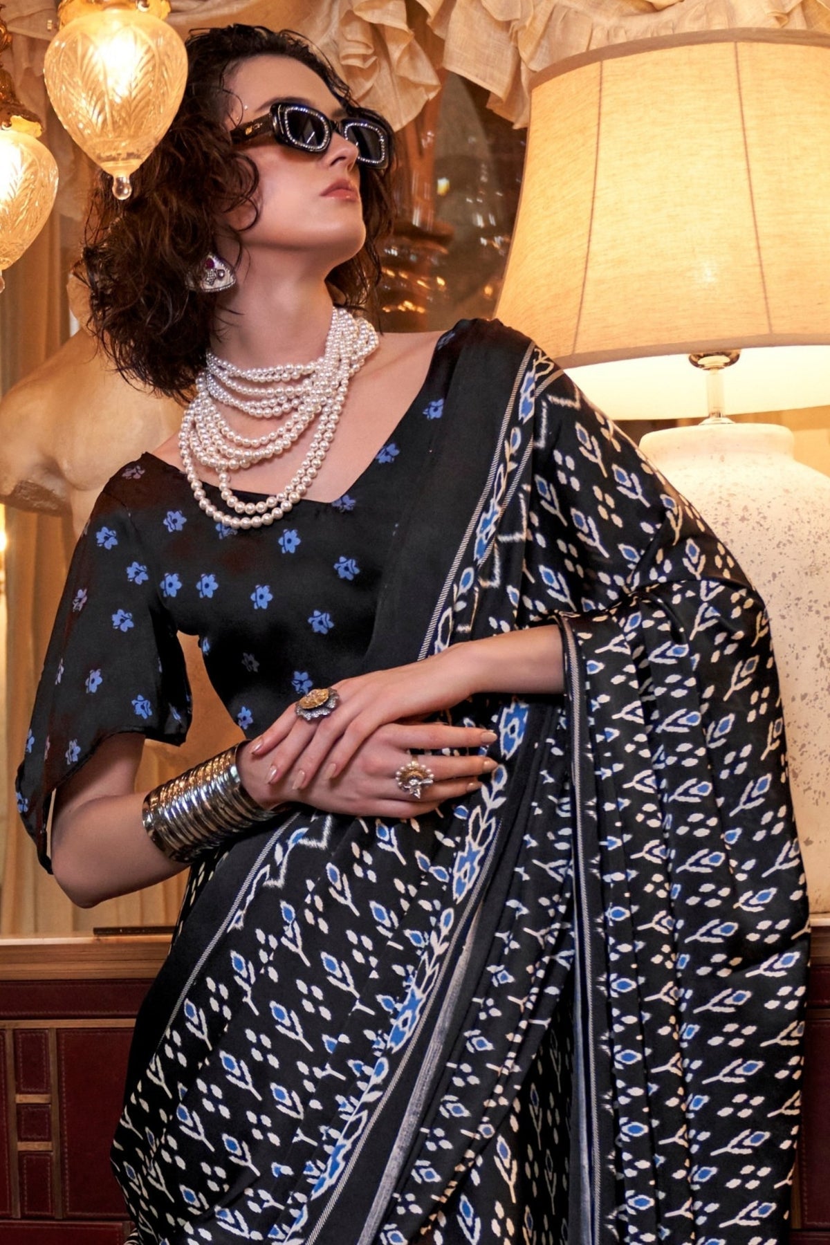 Spider Black Ajrakh Patola Printed Satin Crepe Saree
