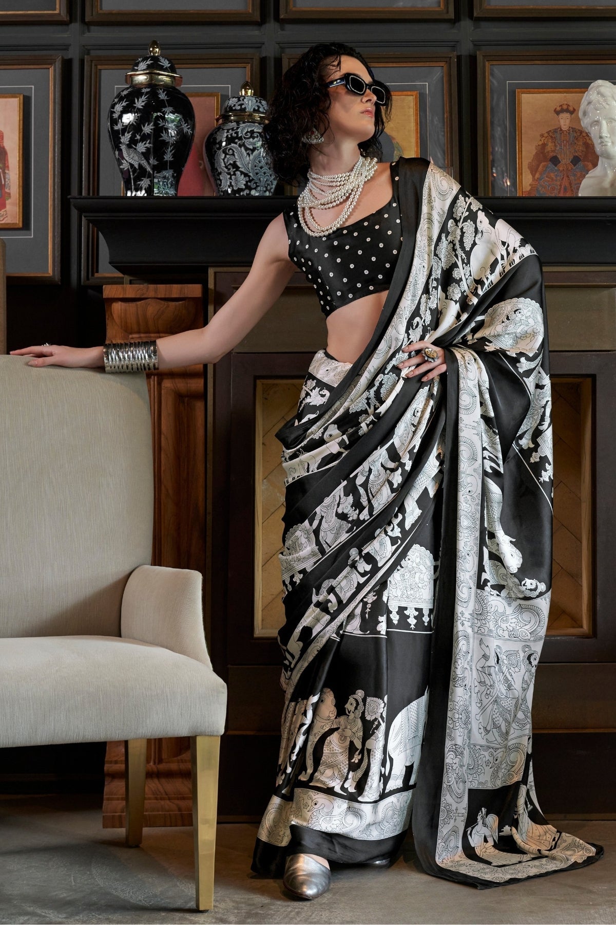Jet Black and White Ajrakh Patola Printed Satin Crepe Saree