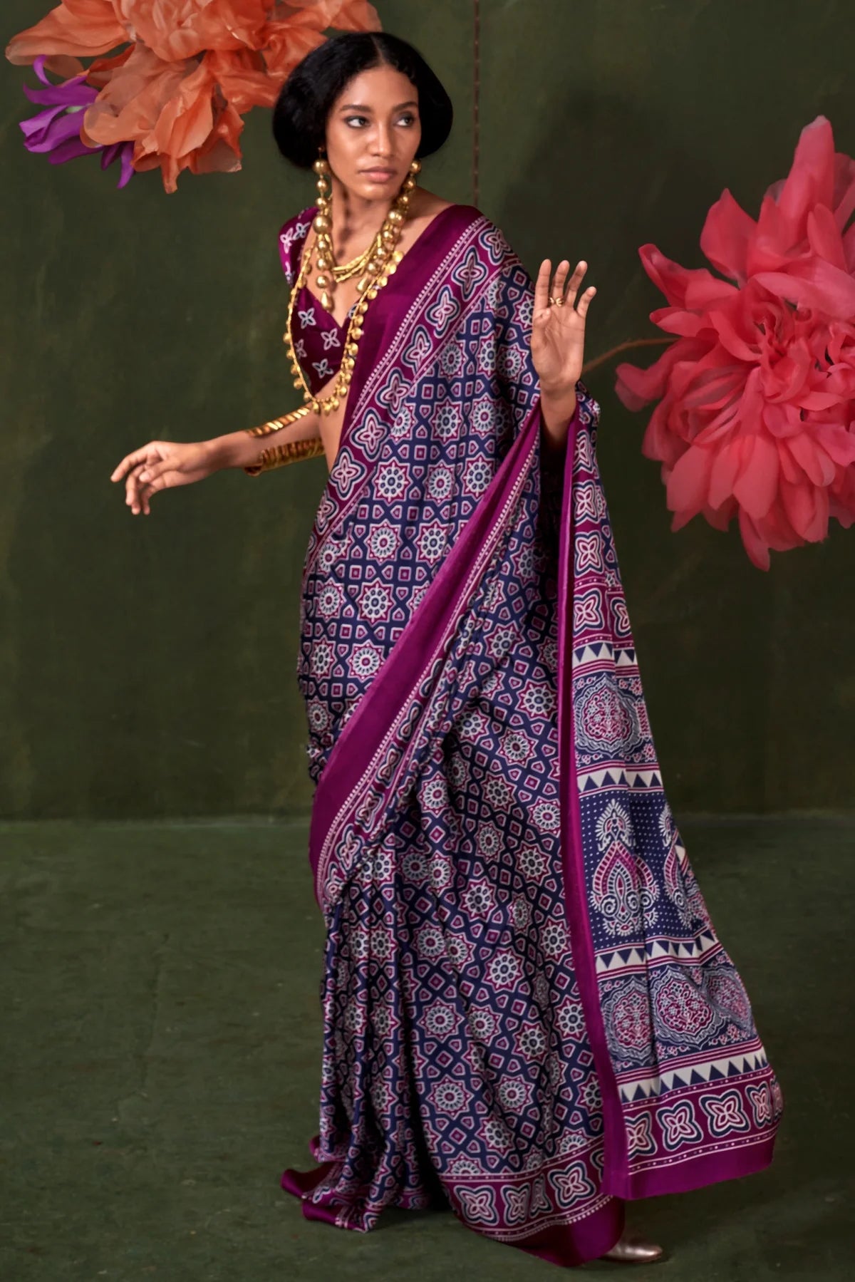 Purple Ajrakh Printed Satin Crepe Silk Saree