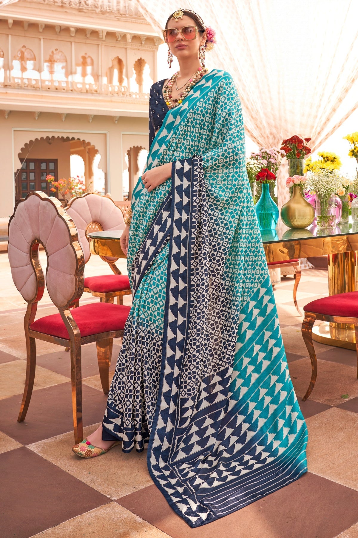 Teal Blue Silk Ikkat Patola Saree