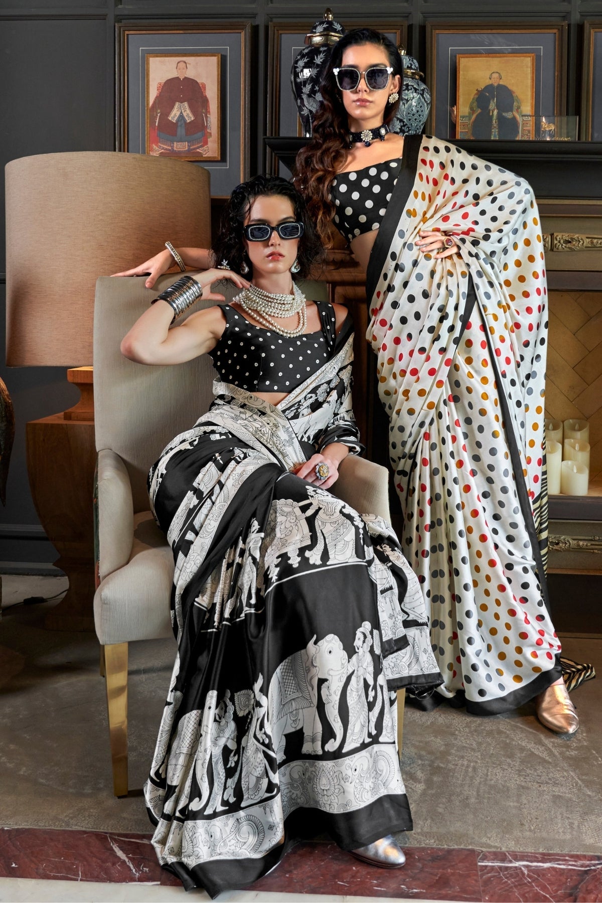 Jet Black and White Ajrakh Patola Printed Satin Crepe Saree