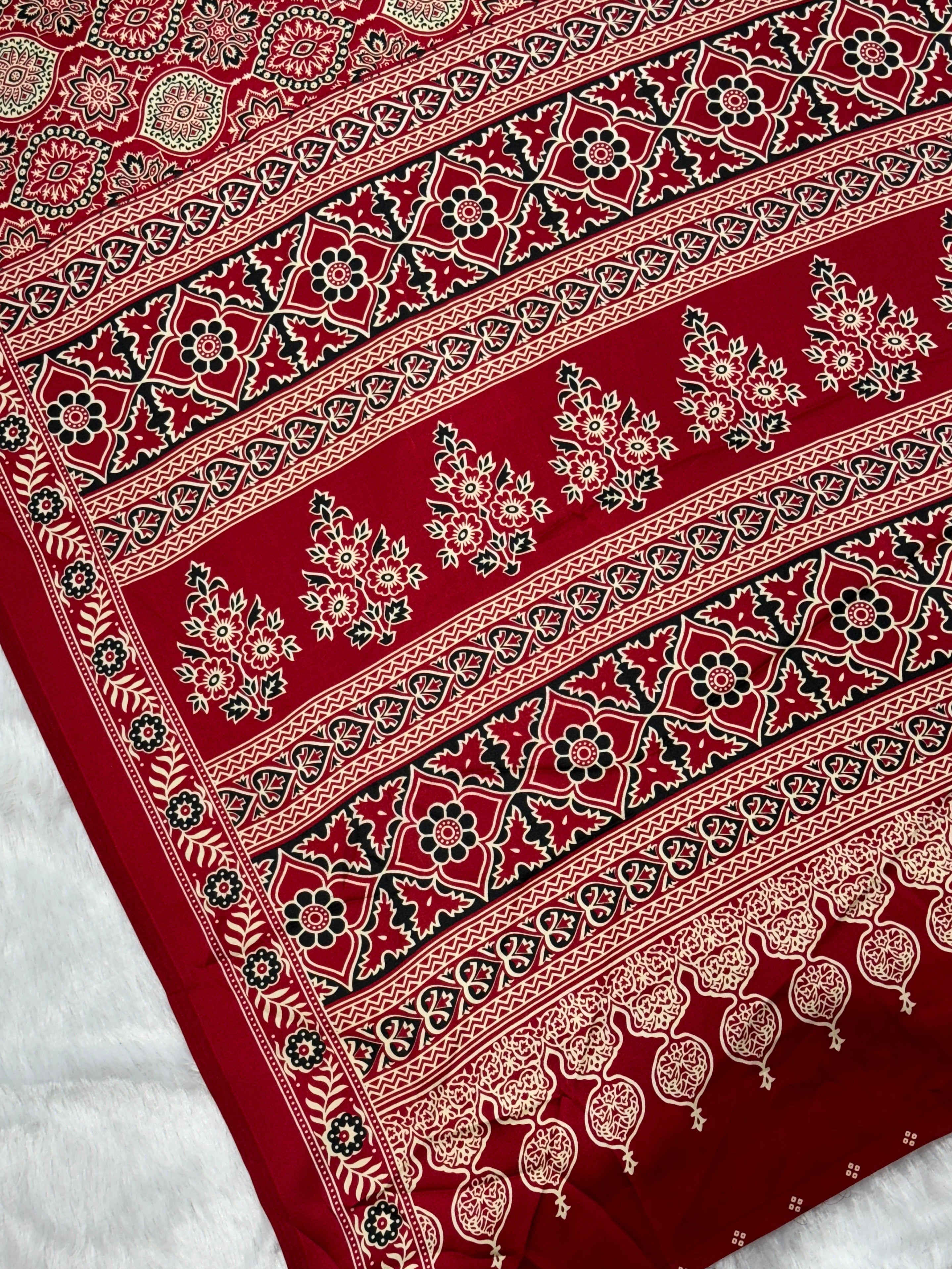 Red Ajrakh Printed Satin Crepe Silk Saree