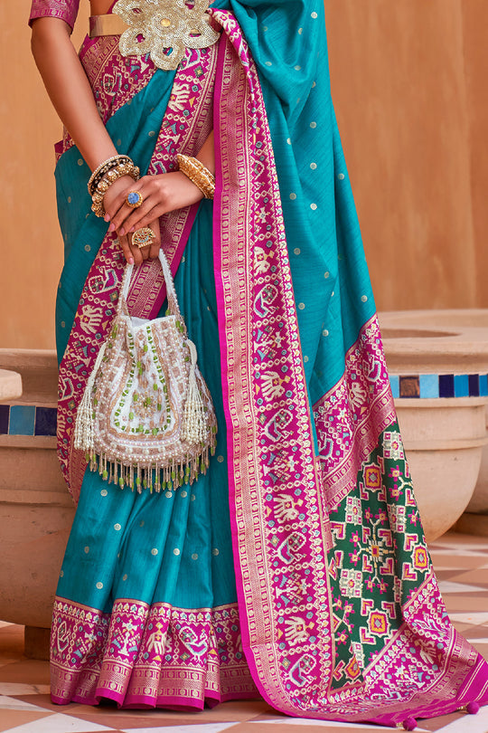 Teal Blue Handwoven Patola Silk Saree