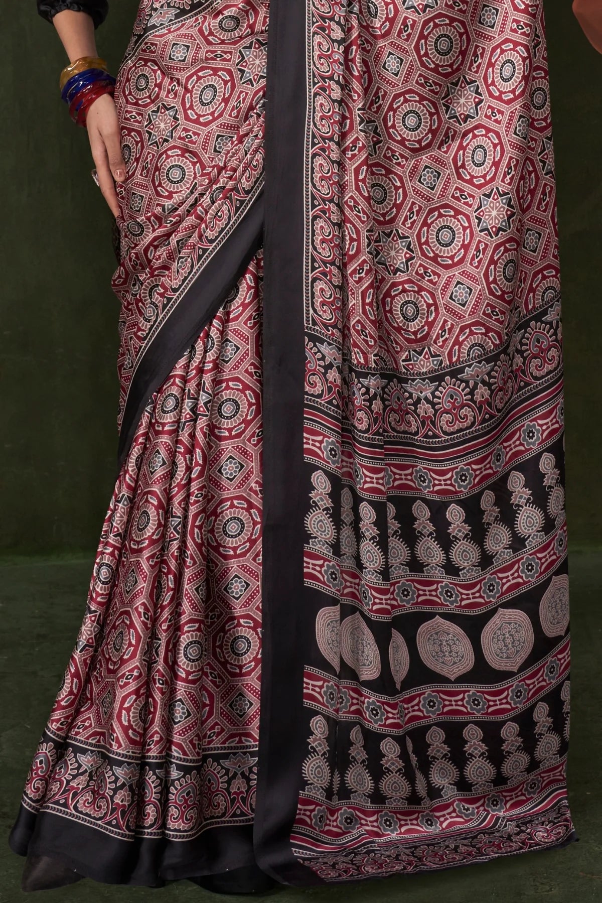 Maroon and Black Ajrakh Printed Satin Crepe Silk Saree