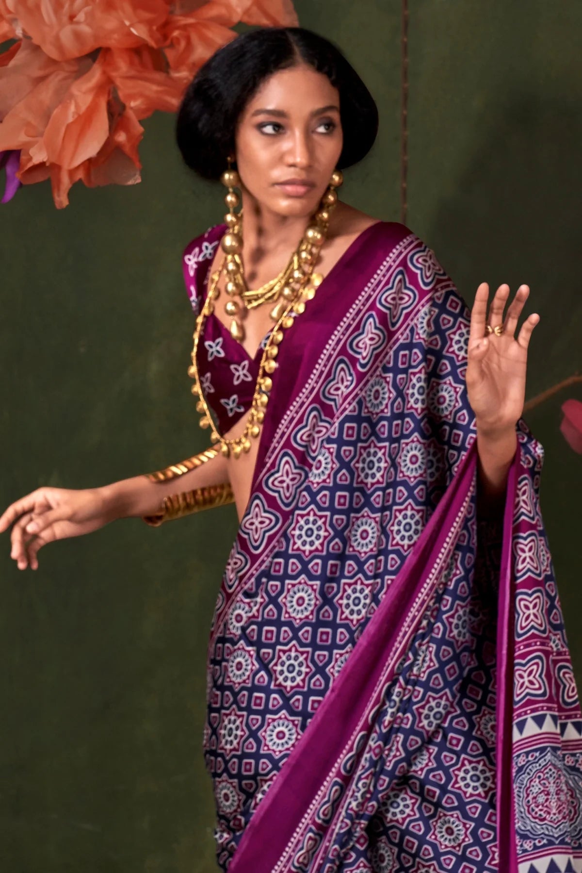 Purple Ajrakh Printed Satin Crepe Silk Saree
