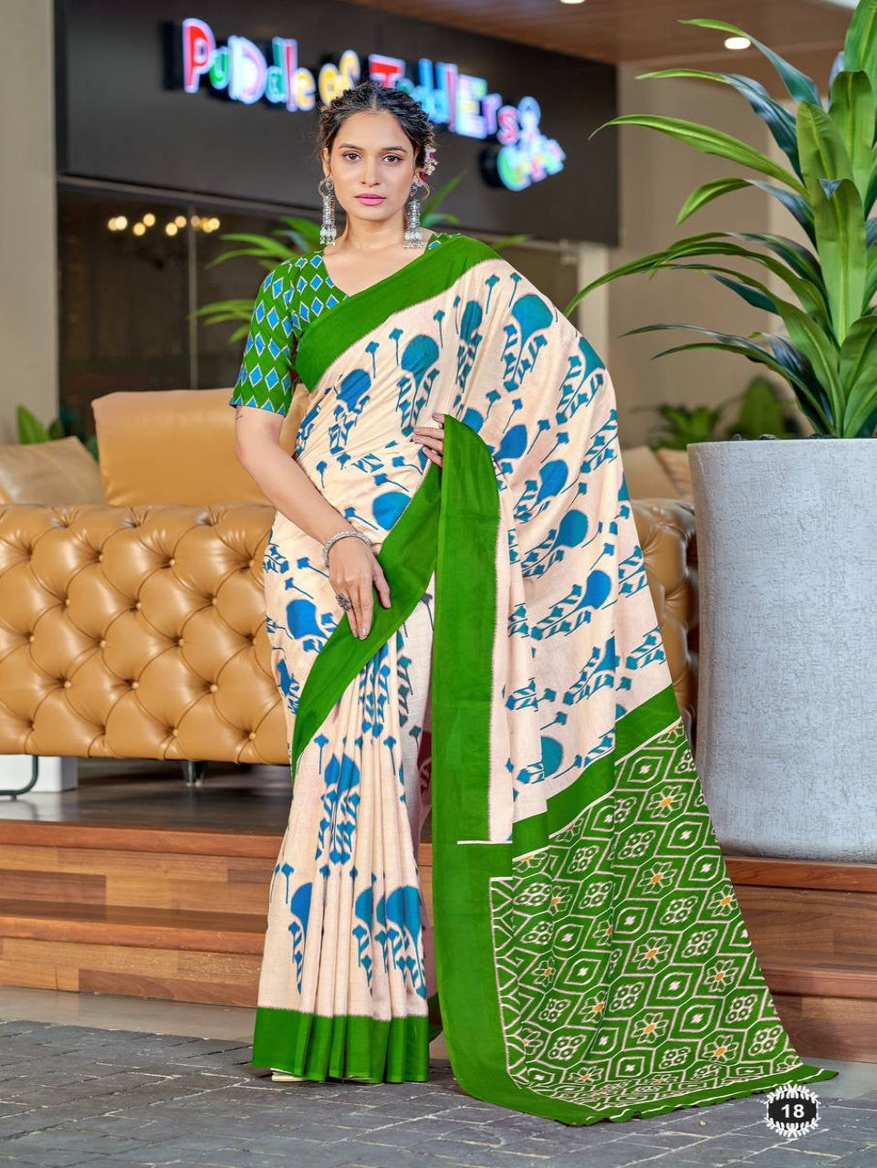 Off-White and Green Printed Cotton Saree
