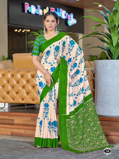 Off-White and Green Printed Cotton Saree