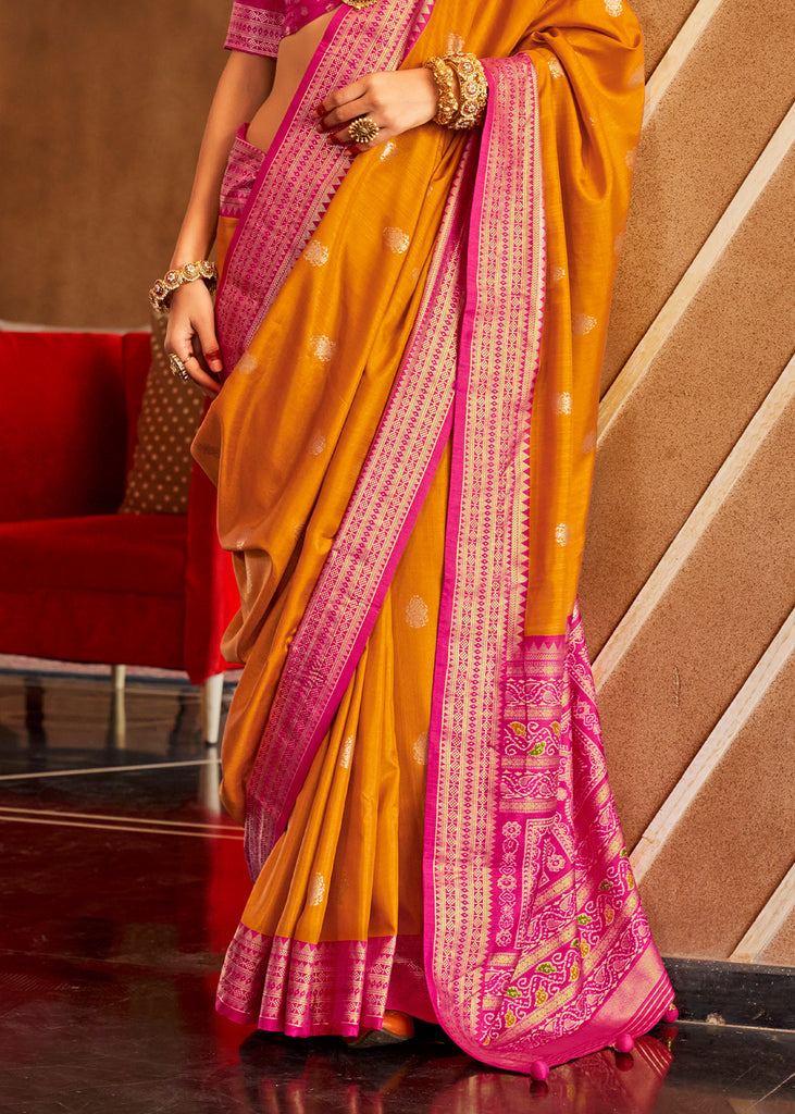 Yellow and Pink Printed Patola Saree
