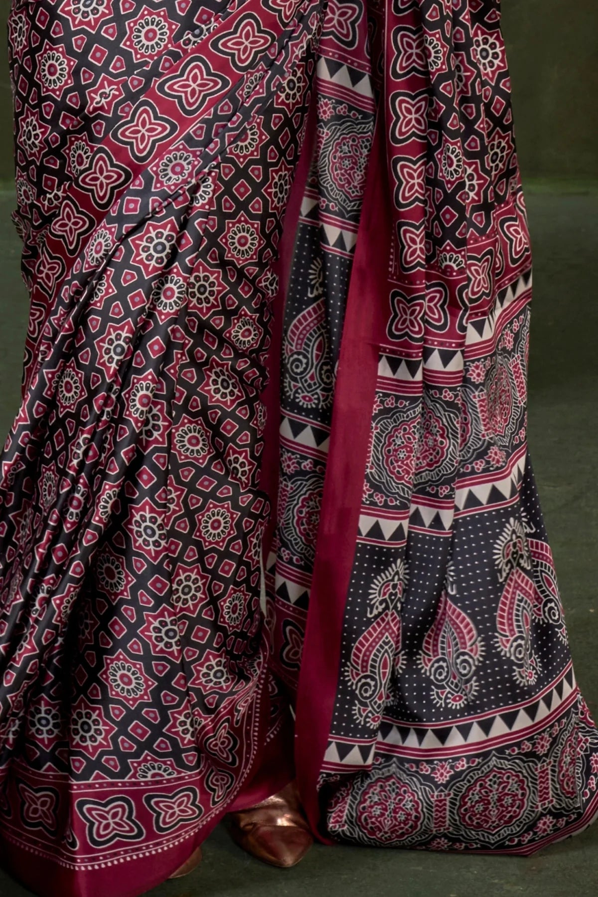 Black Ajrakh Printed Satin Crepe Silk Saree