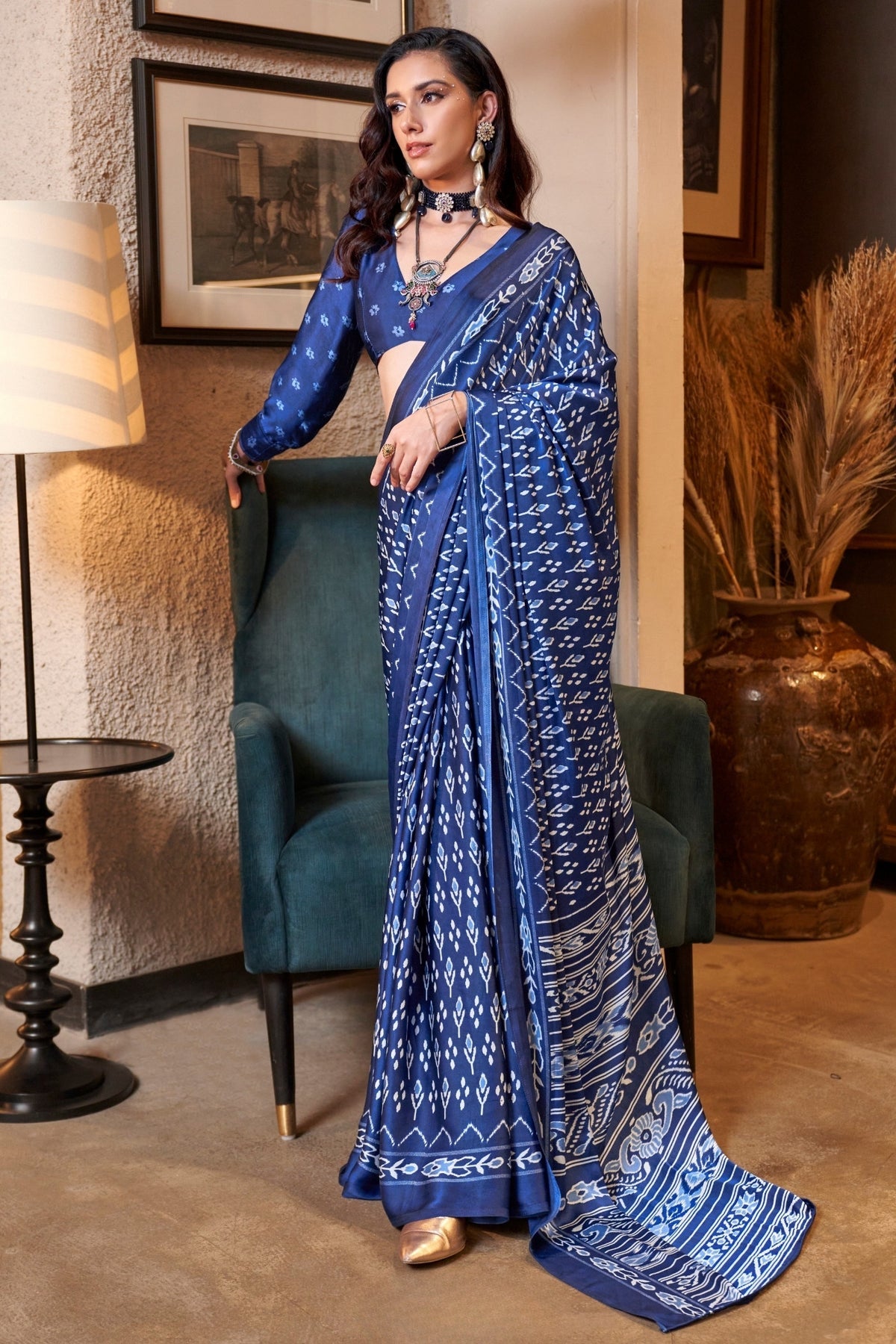 Egyptian Blue Ajrakh Patola Printed Satin Crepe Saree