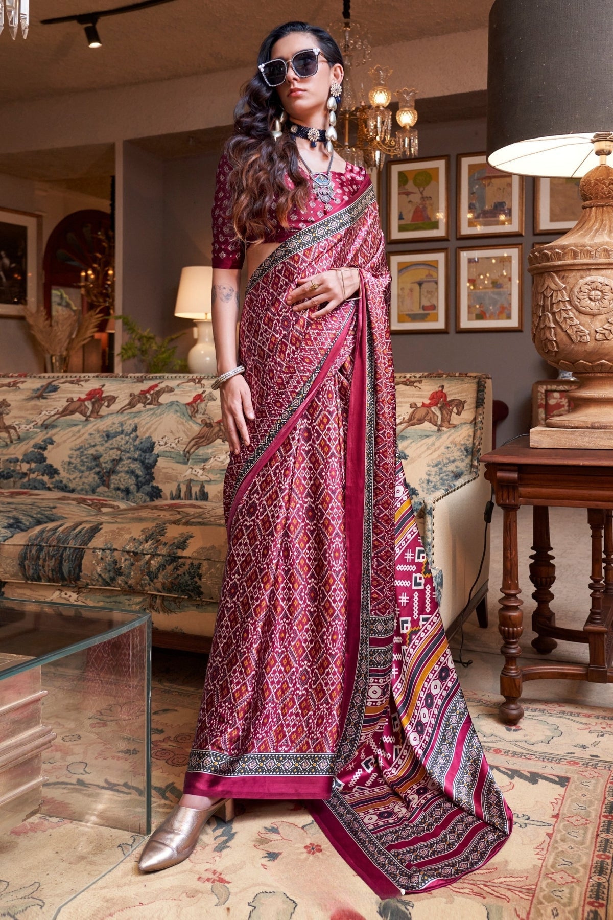 Maroon Ajrakh Patola Printed Satin Crepe Saree